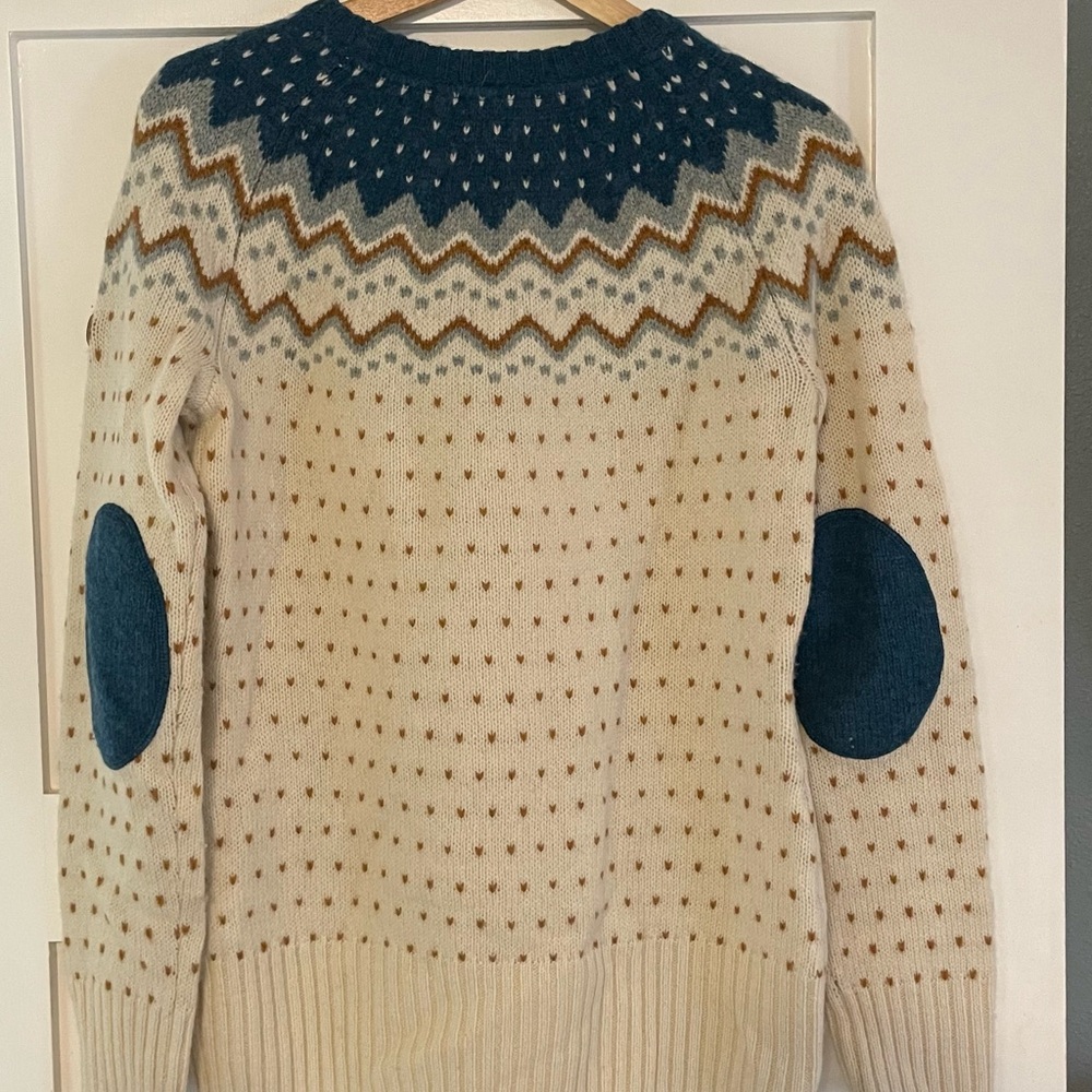 Fjallraven Cream Fair Isle Wool Crewneck Sweater with Blue and Brown Accents - Picture 3 of 6
